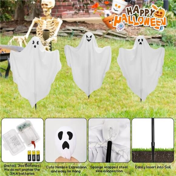 [8Light-Modes] Sets of 3 Halloween Ghost Light Stakes, Flying Ghost Halloween - Picture 2 of 8